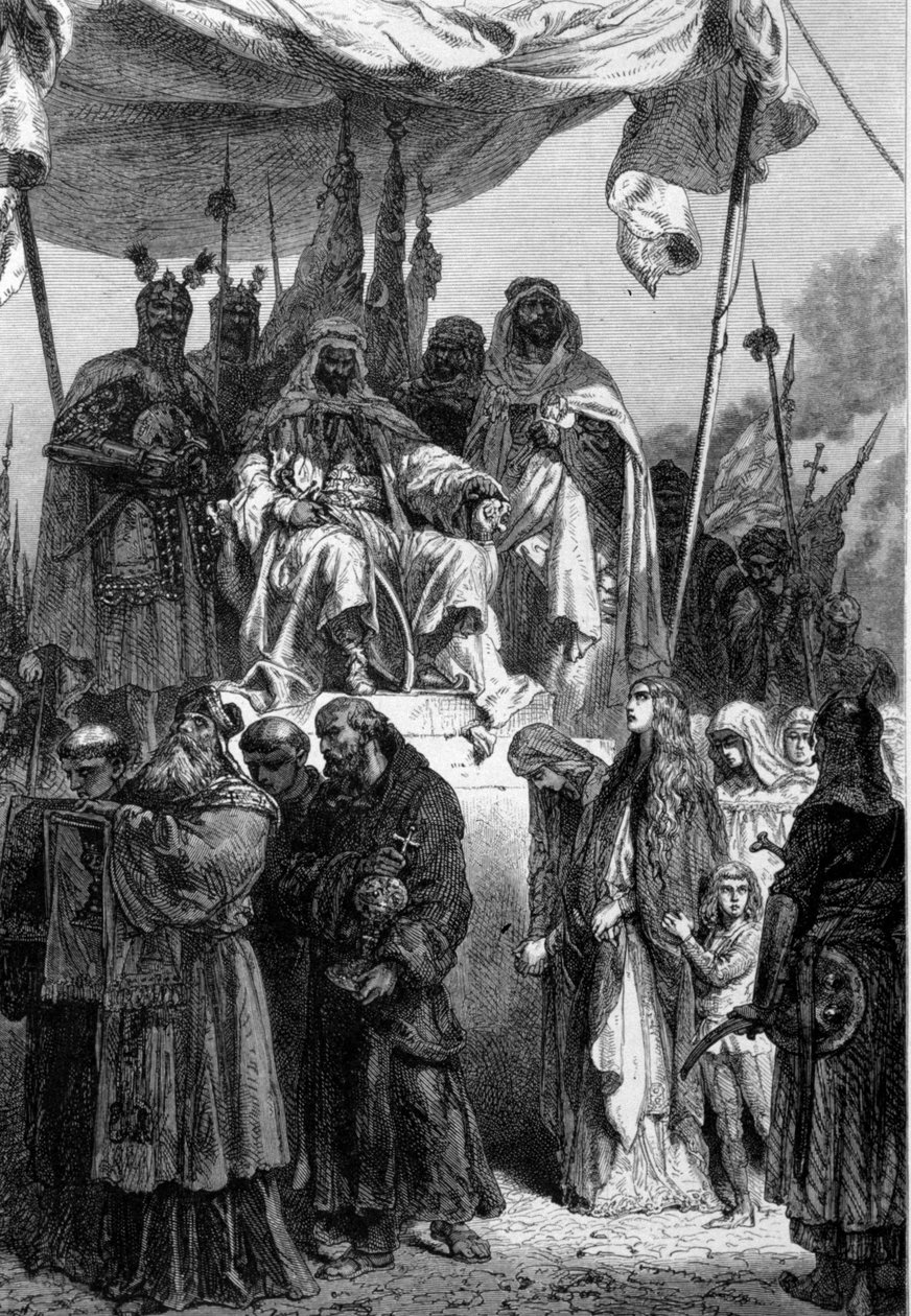 De kristne i Jerusalem forlader før Saladin (1138-1193) (Salah al Din Yusuf al-Ayyubi (al Ayyubi) efter erobringen af den hellige by - gravering af Neuville af Alphonse Marie de Neuville