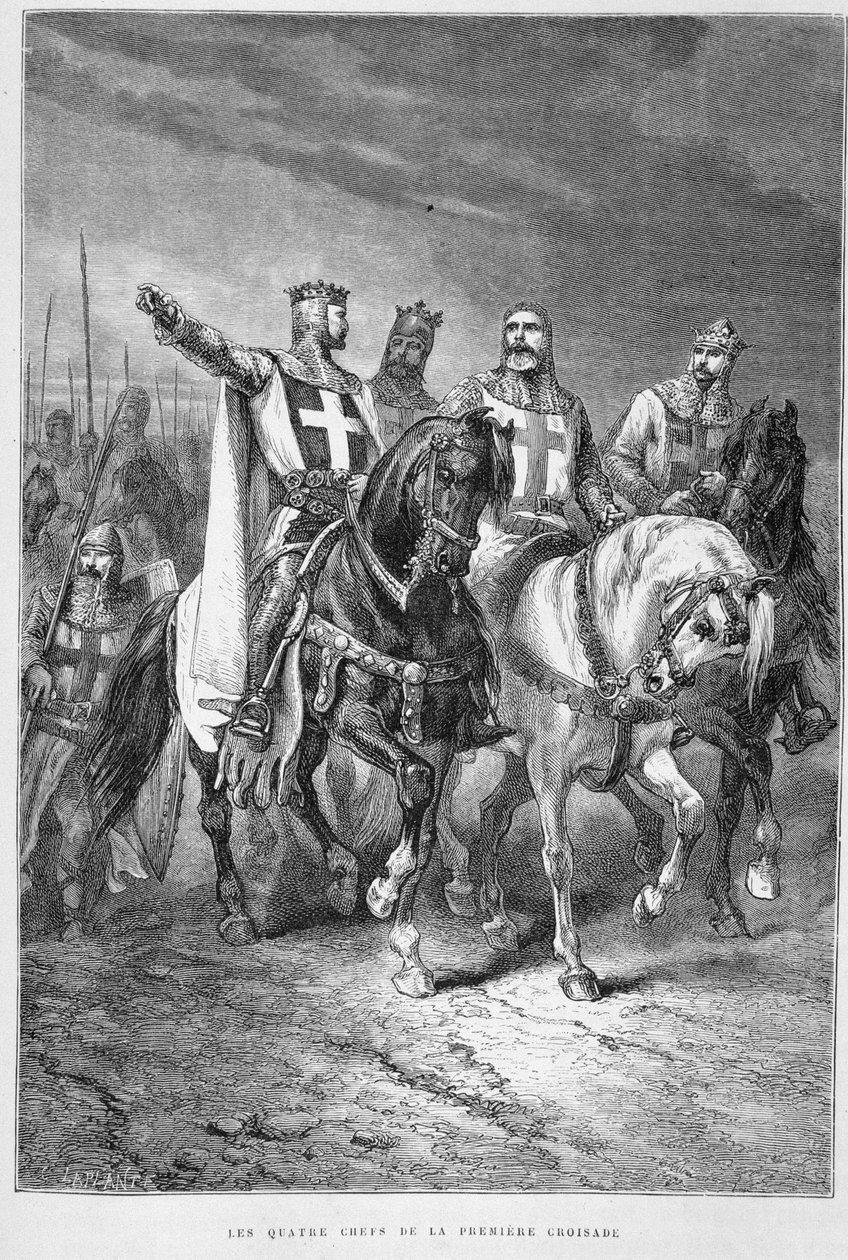 De fire høvdinge fra det første korstog (inklusive Godefroi de Bouillon) - i "The History of France" af Guizot, Hachette af Alphonse Marie de Neuville
