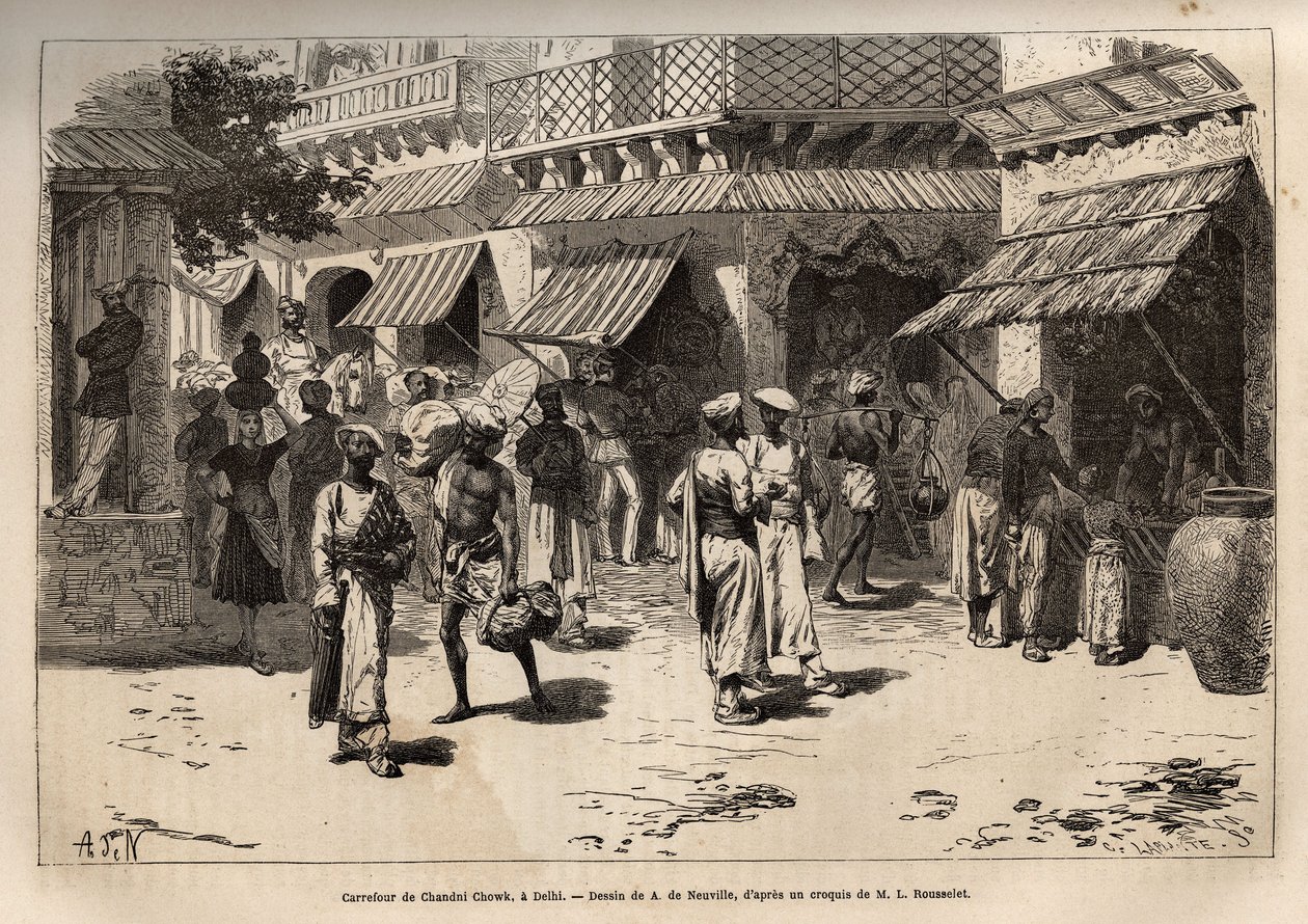 Korsvejen mellem Chandni chowk, guldormens gade, hovedvejen for kommercielle og håndværksaktiviteter, der krydser Dehli fra paladsets store port til Lahore-porten, gravering efter tegningen af A. de Neuville, der illustrerer rejsen af Alphonse Marie de Neuville