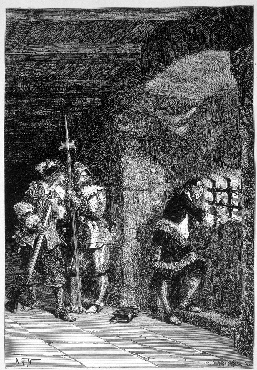 Jernmasken i hans celle i fængslet for øen Saint Marguerite - i "" Histoire de France"" af Guizot, gravering af De Neuville af Alphonse Marie de Neuville