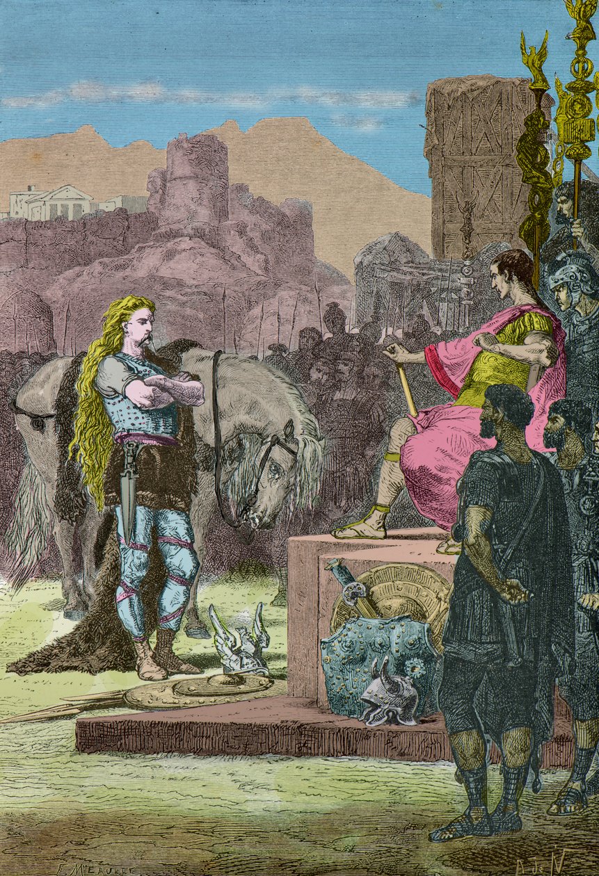 Vercingetorix overgiver sig til Julius Cæsar efter nederlaget ved Alesia i 52 f.Kr. af Alphonse Marie de Neuville