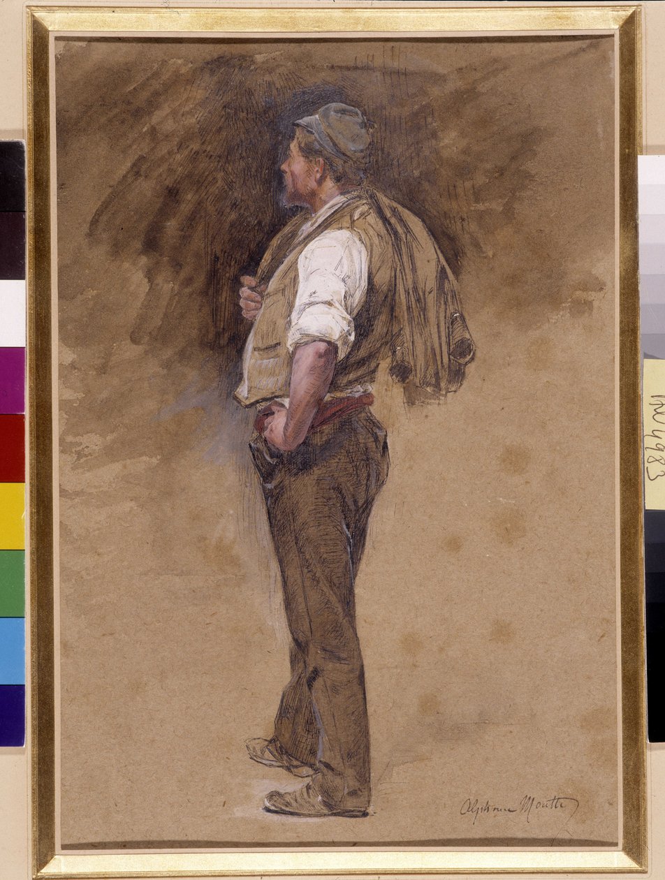 Bonde har jakken på hovedet. Maleri af Alphonse Moutte (1840-1913), Obligatorisk omtale: Samlingsstiftelseshilsner fra Provence, Marseille (Dim i cm 27x18) af Alphonse Moutte
