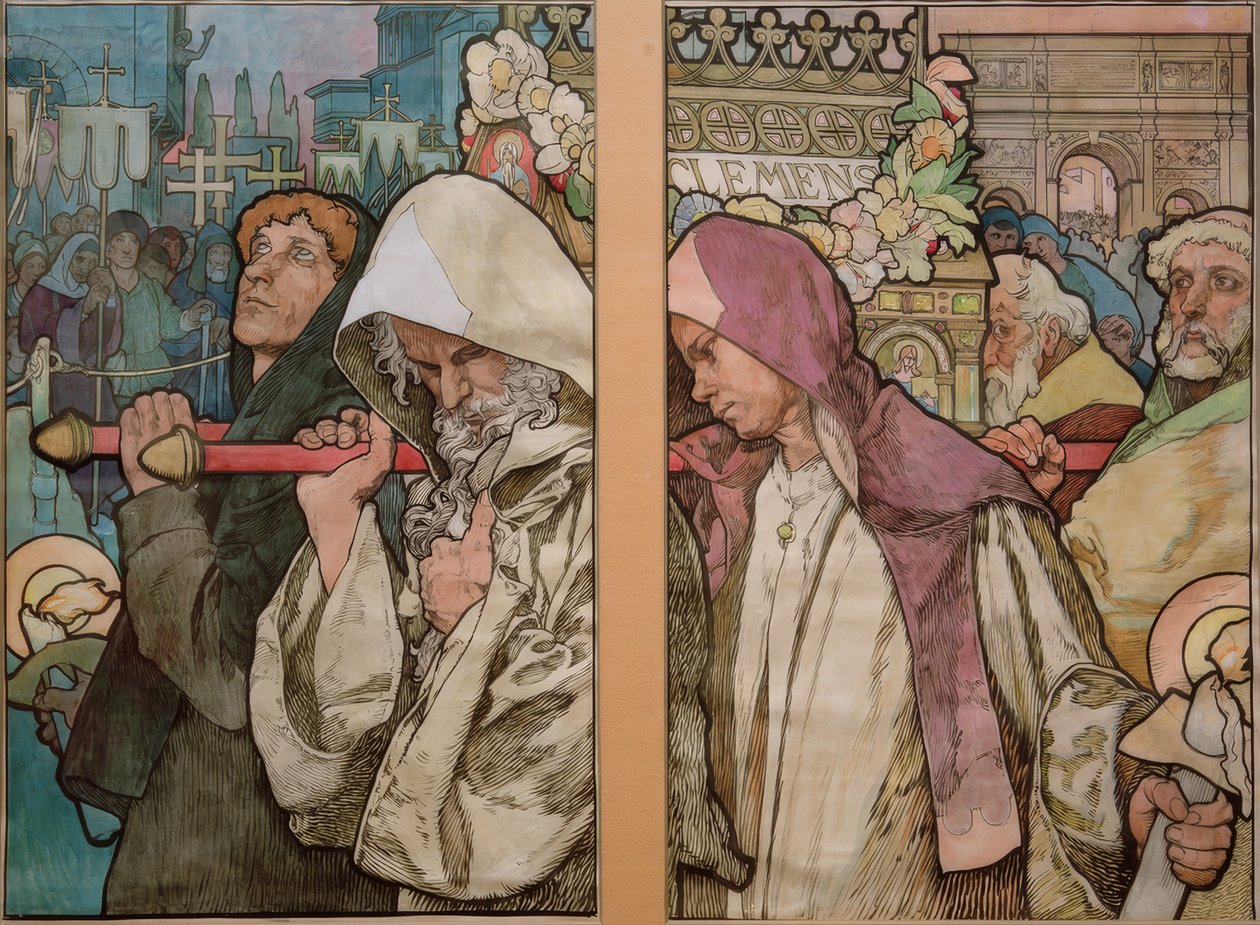 A. Mucha, vindue af St. Vitus i Prag / pap 1931 af Alphonse Mucha