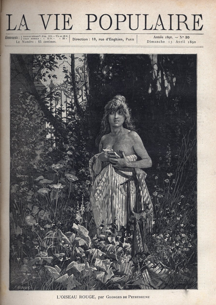 En nøgen ung kvinde, stående og decoiffe, dækker sin krop med et tæppe, omgivet af vegetation og træer, der maskerer et smedejernsgitter. Illustration af Alfons Maria Mucha (Alphonse Marie Mucha af Alphonse Mucha