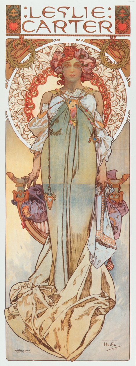 Reklameillustration af Alphonse Mucha, der repræsenterer sceneskuespillerinden Leslie Carter i hendes nye skuespil "" Kassa" - 1908 Dim 78x209 cm Privat samling af Alphonse Mucha