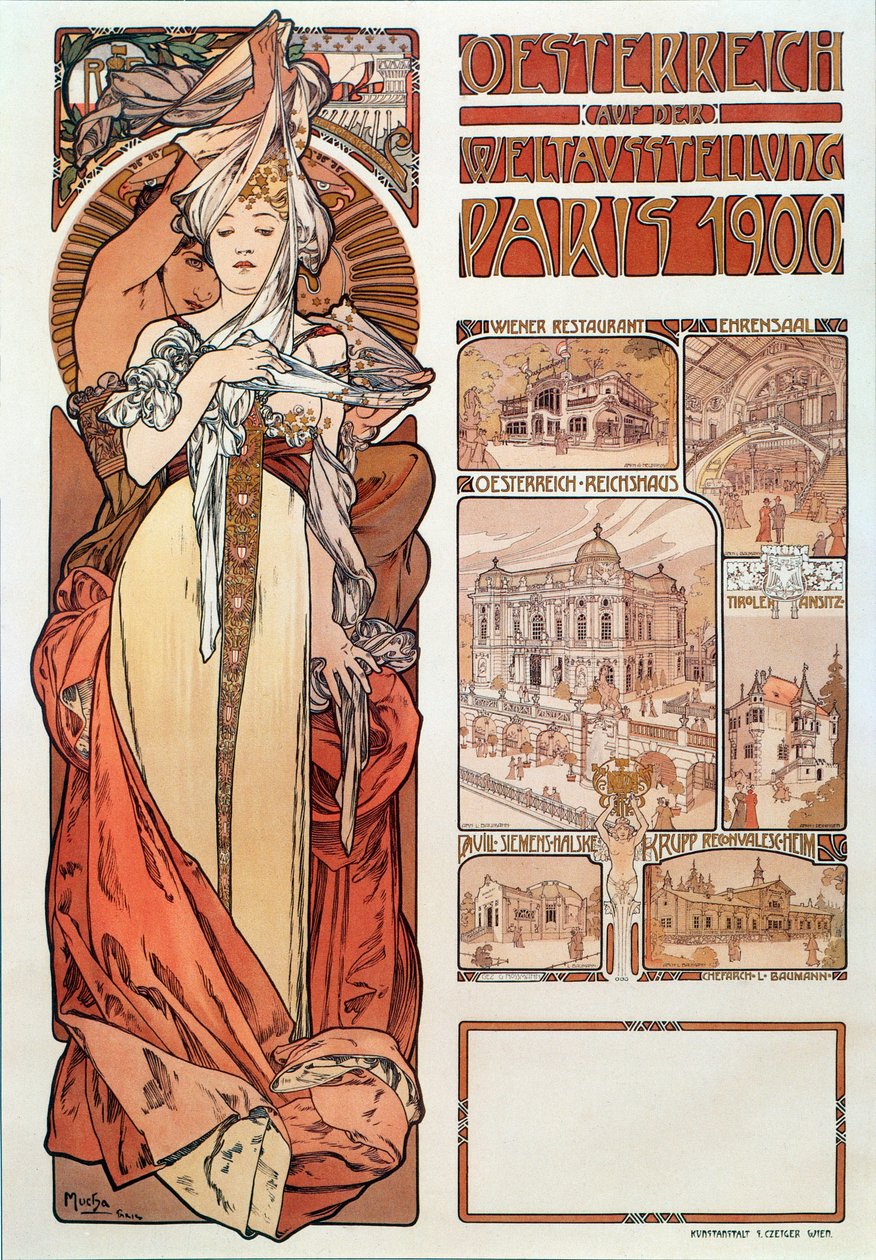 Reklameplakat af Alphonse Mucha (1860-1939) for Østrig repræsenteret på verdensudstillingen i Paris 1900 - Dim 68x98,5 cm Reklameplakat af Alphonse Mucha for "" Østrig"" på udstillingen af Alphonse Mucha