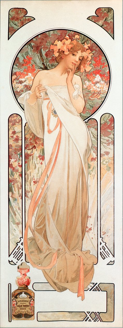 Reklameplakat af Alphonse Mucha (1860-1939) for duften "Sylvanis essence" 1899 - Dim 21x61 cm Reklameplakat af Alphonse Mucha for parfumen "" Sylvanis essence "" 1899 - Privat kol. af Alphonse Mucha