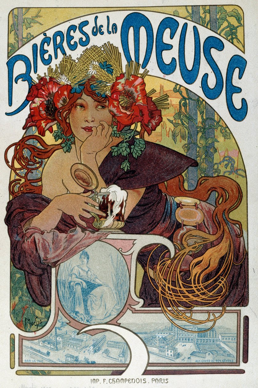 Reklameplakat for "" Les bieres de la Meuse"" illustreret af Alphonse Mucha (1860-1939) 1898 Paris, Dekorativ kunst af Alphonse Mucha