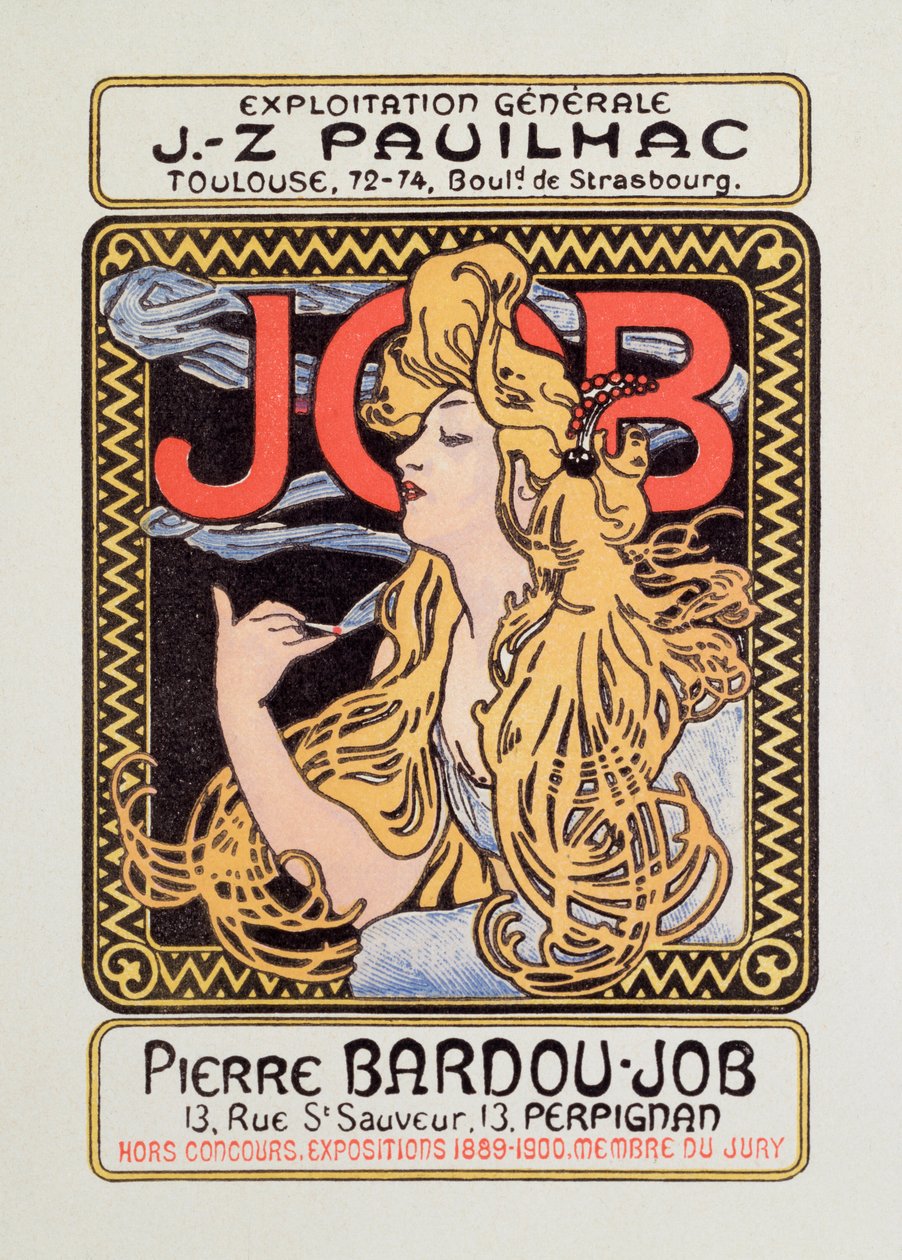 Reklameplakat for cigaretpapir Job skabt af Alphonse Mucha (1860-1939) 1900 - Søn 12x8 cm Reklameplakat for cigaretpapir Job udgivet af Alphonse Mucha, 1900 - Privat samling af Alphonse Mucha