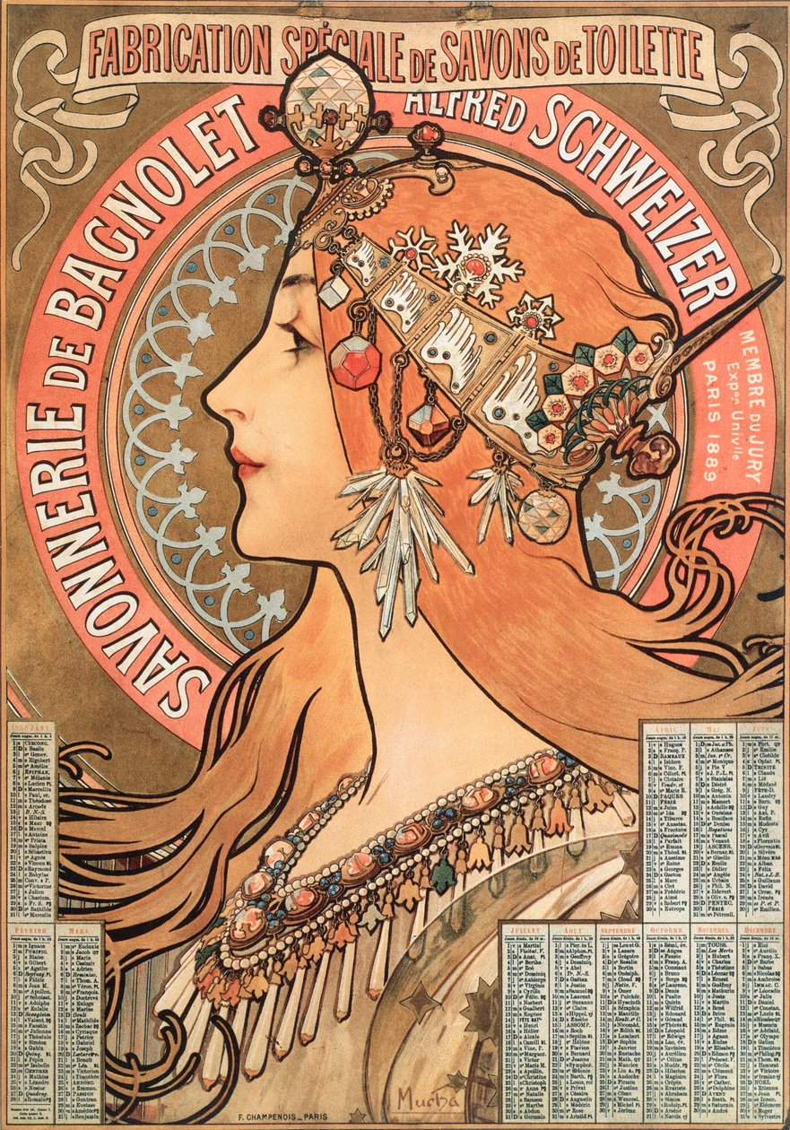 Årets kalenderside 1898 dekoreret af en reklameillustration af Alphonse Mucha (1860-1939) for sæbefirmaet Savonnerie de Bagnolet Alfred Schweizer - Reklameillustration af Alphons ( af Alphonse Mucha