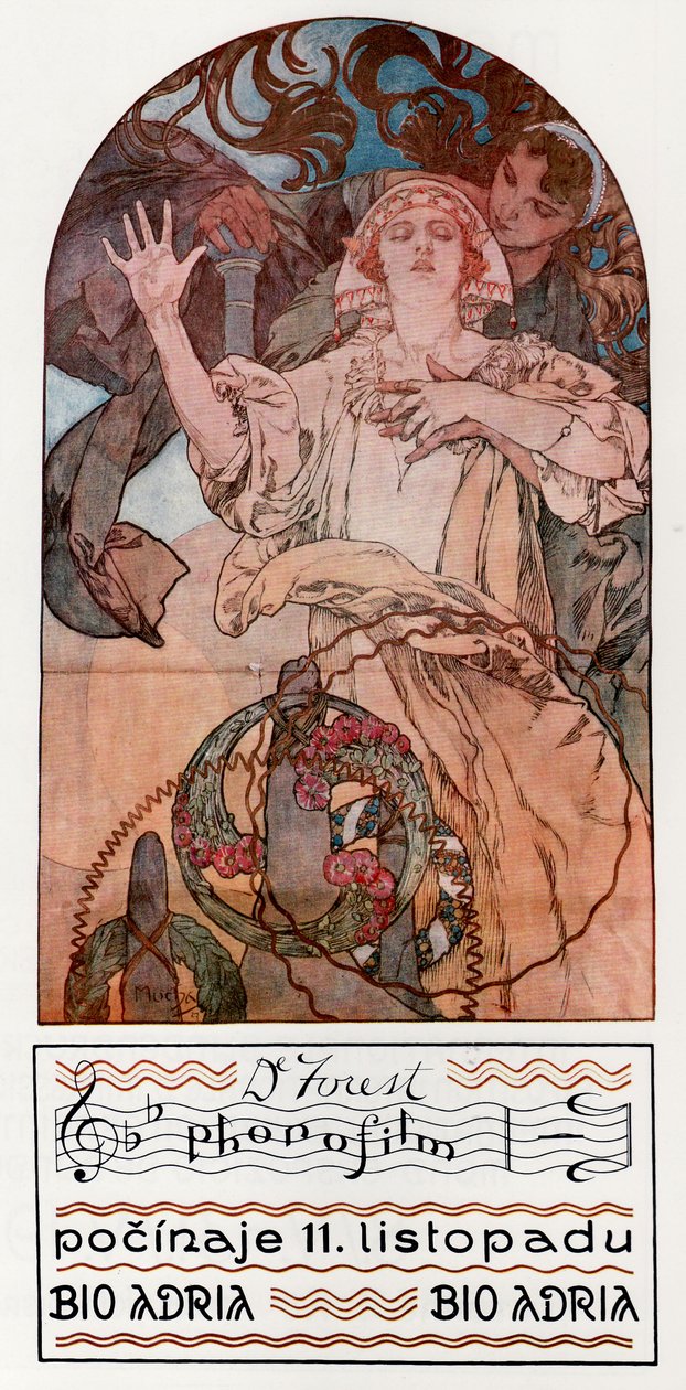 DeForest Phonofilm. Præsentation af en af de første musikalske lydfilm ved Adriaen i Prag, 1927 af Alphonse Mucha