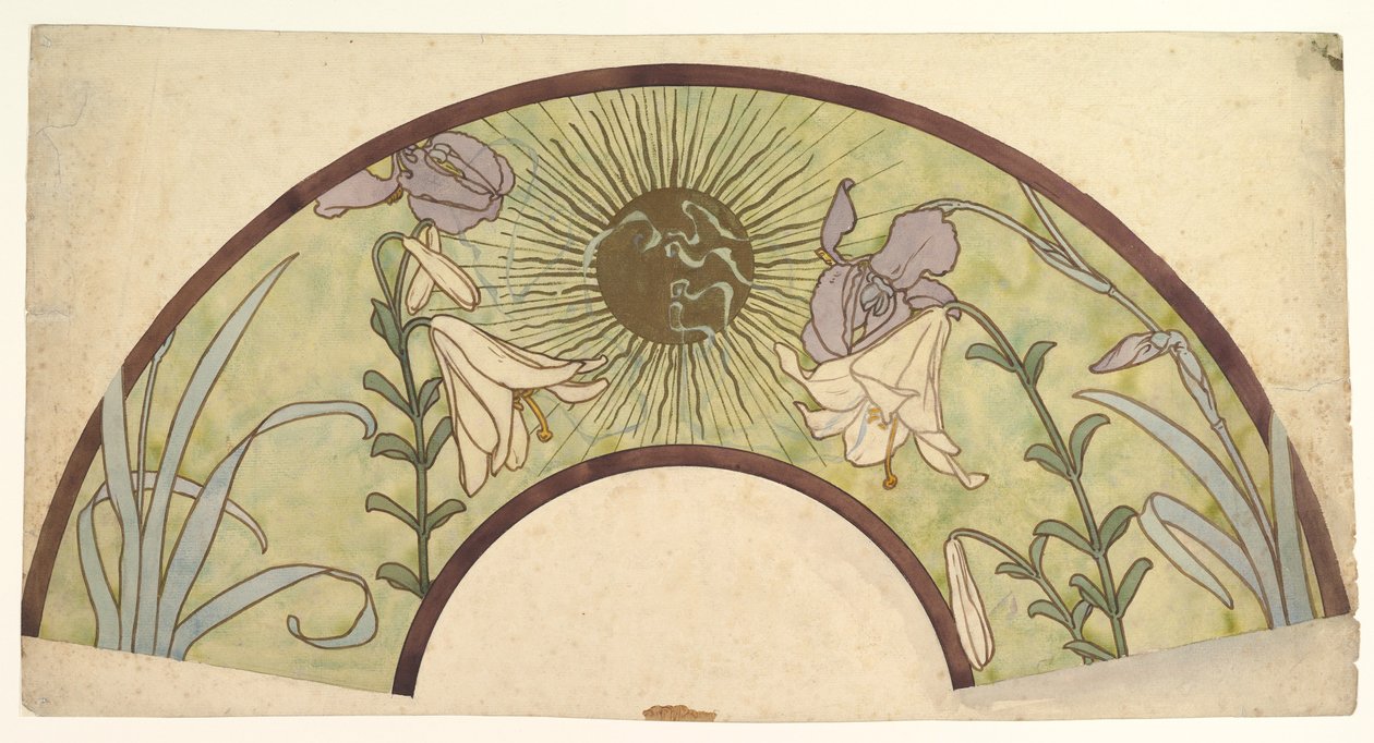 Design til en vifte med solstråler, liljer og iris, slutningen af det 19. - midten af det 20. århundrede af Alphonse Mucha