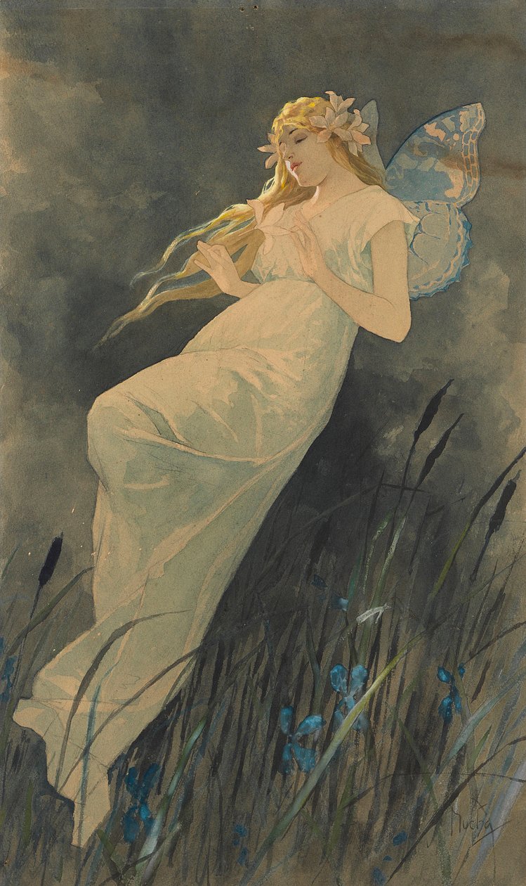 Alf med irisblomster, ca. 1886-1890. af Alphonse Mucha