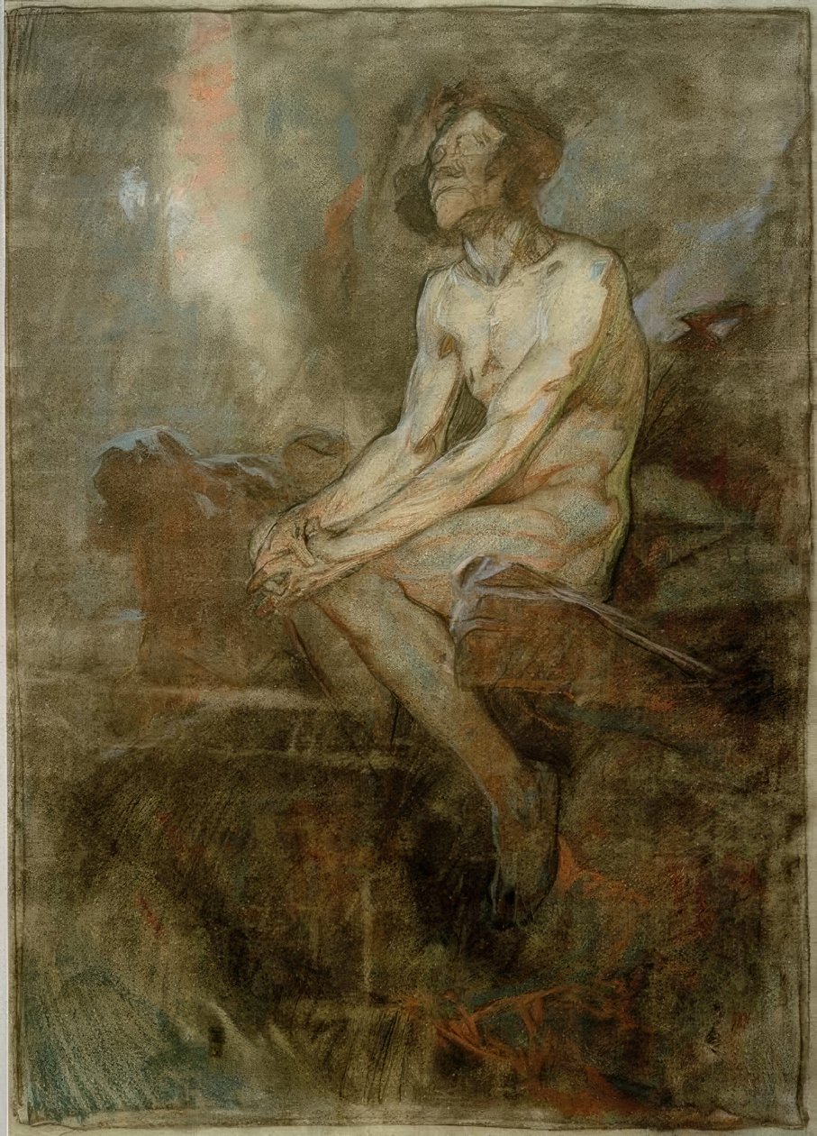 Mand nøgen siddende på en sten af Alphonse Mucha