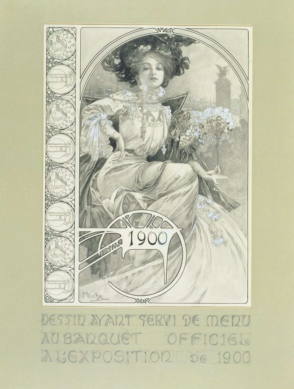 Official Banquet of the Paris International Exhibition 1900. Design for the menu.dani af Alphonse Mucha