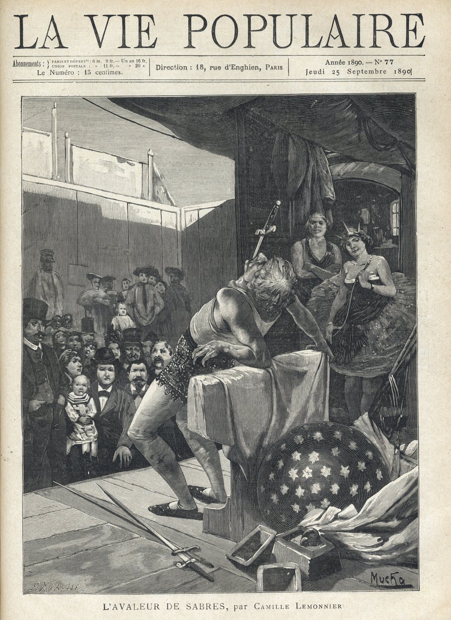 På scenen i et omrejsende teater ser publikum forsamlet på nummeret på en sabelsvale, på dens sider, skjult af scenetæppet, iagttager to kunstnere den med et smil. Illustration af Alfons Maria Mucha (Alphonse Marie Mucha af Alphonse Mucha