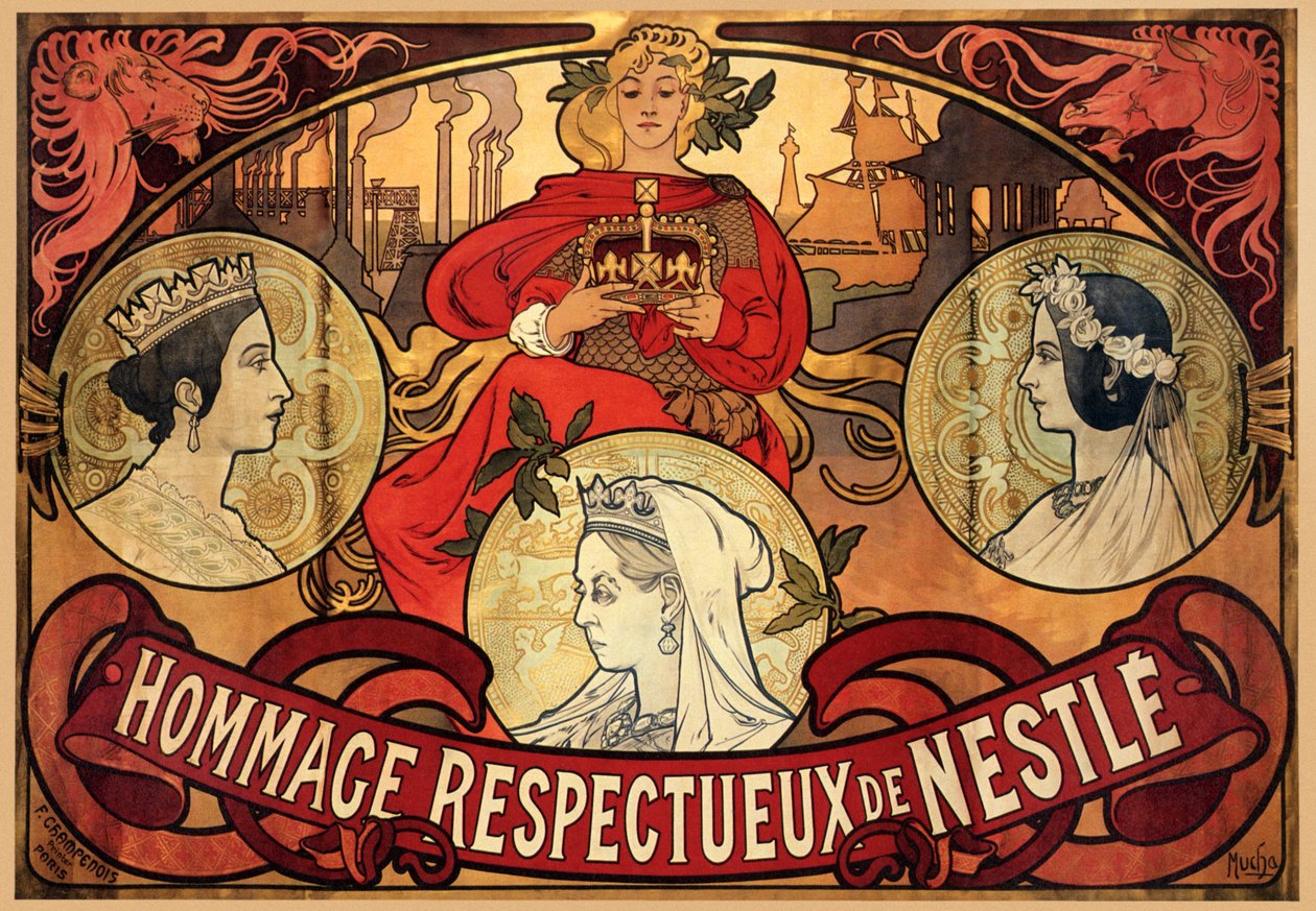 Plakat, der reklamerer for Nestlé, hyldest til dronning Victorias diamantjubilæum, 1897 af Alphonse Mucha