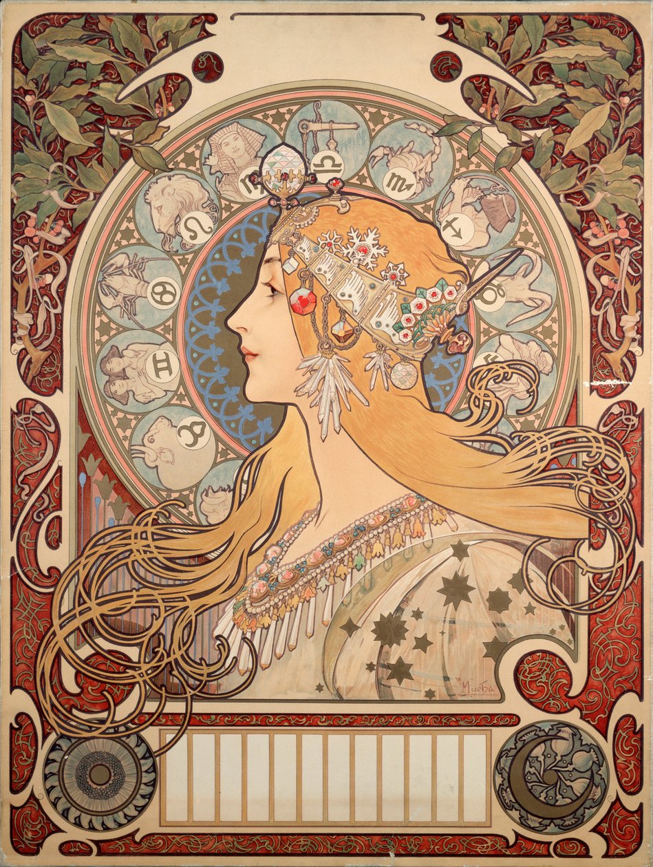 Plakat af Alphonse Mucha (1860-1939) for magasinet “La plume””, 1896 - Plakatillustration af Alphonse Mucha (1860-1939) for “La plume”” anmeldelse, 1896 (Dim 65x48 cm) - Privat samling af Alphonse Mucha