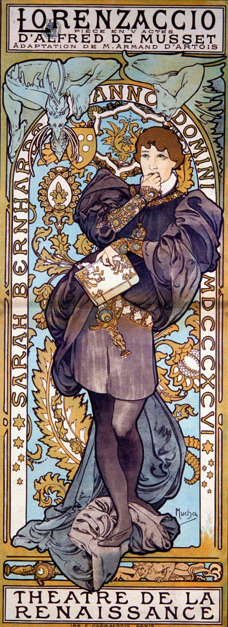 Plakat for Lorenzaccio Alfred de Musset, med Sarah Bernhardt, Paris, 1896 af Alphonse Mucha