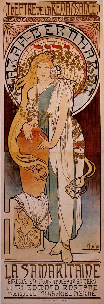 Plakat for stykket "" La Samaritaine"" af Edmond Rostand udført af Henriette Rosine Bernard dit Sarah Bernhardt (1844-1923) i 1897 på Theatre de la Renaissance. Tegning af Alphonse Mucha (1860-1939) 1897 af Alphonse Mucha