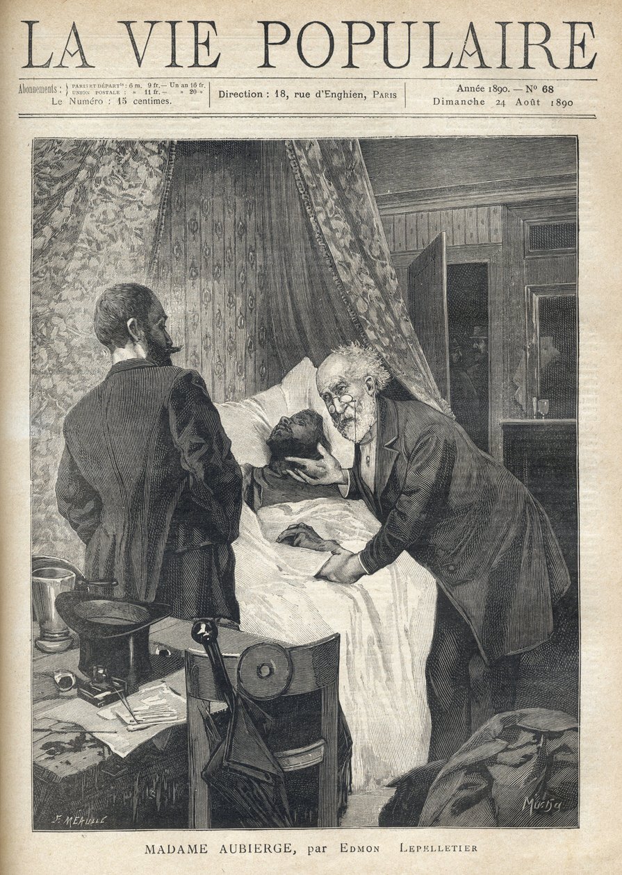 To mænd læner sig over en seng for at se en mands død. Ved døren ser andre mænd på scenen. Illustration af Alfons Maria Mucha (Alphonse Marie Mucha af Alphonse Mucha