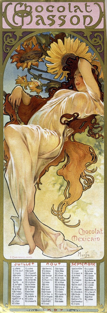Kvinde i efterårsstemning - af Mucha, kalender "" Chocolat Mexicain Chocolat Masson", juli, august, september 1897. af Alphonse Mucha