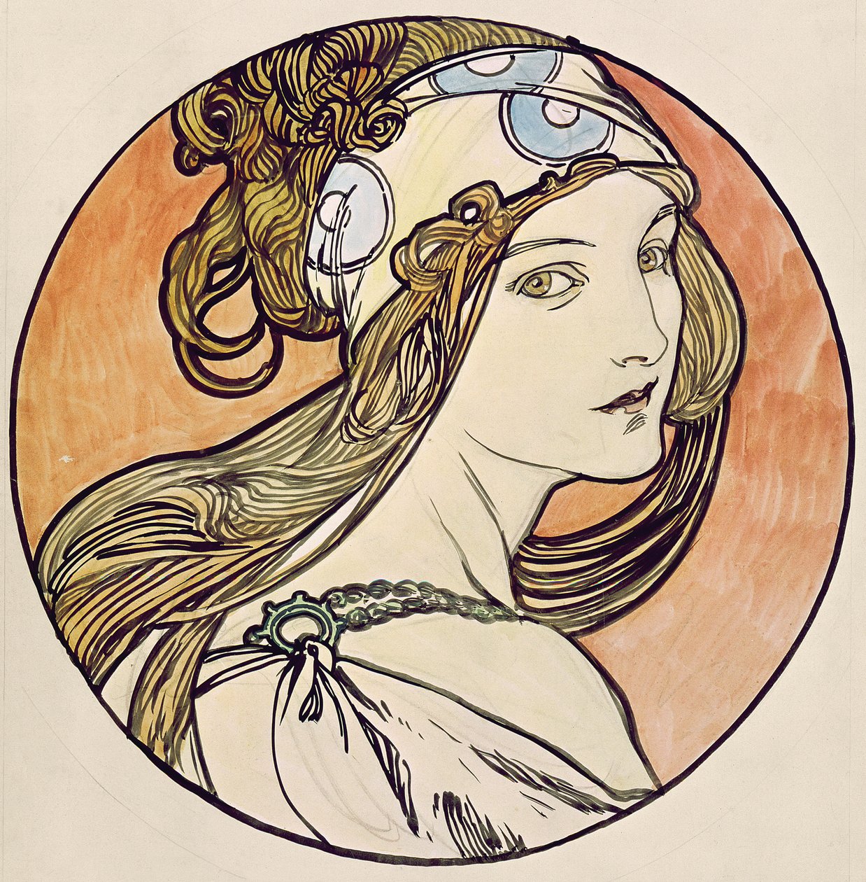 Kvinde med tørklæde af Alphonse Mucha