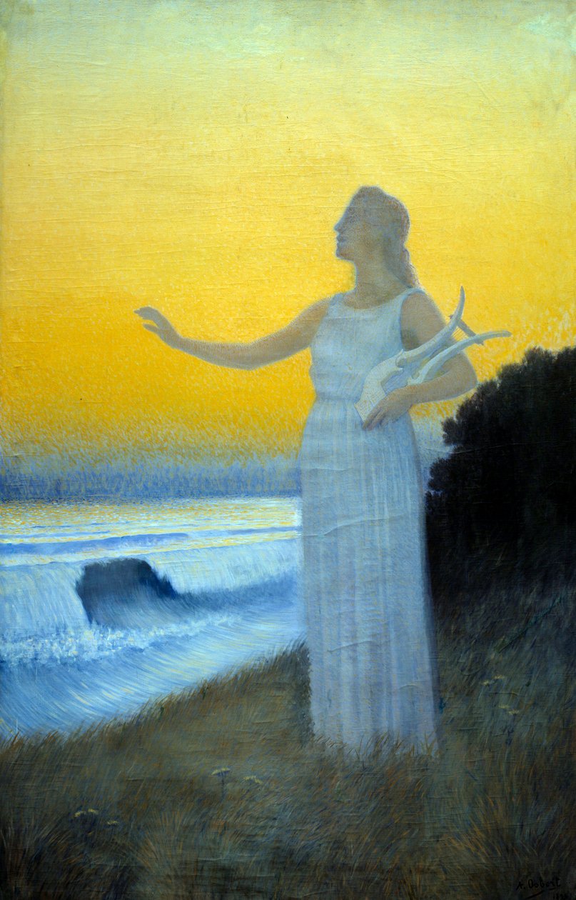 Hymne til havet Ung kvinde holder en lyre ud mod havet. Karakter, der fremkalder den græske digterinde af Antiquite Sapho. Maleri af Alphonse Osbert (1857-1939) 1900 privat samling af Alphonse Osbert