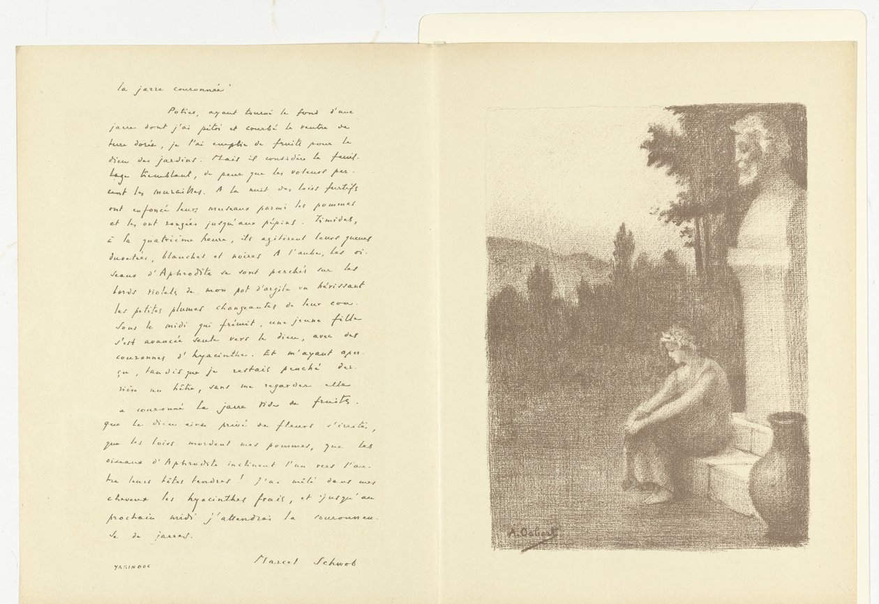 Illustration med en kvinde, der sidder nær en buste af en mand og en vandkande med digtet La jarre couronnée af Marcel Schwob Illustration pour La jarre couronnée af Marcel Schwob L