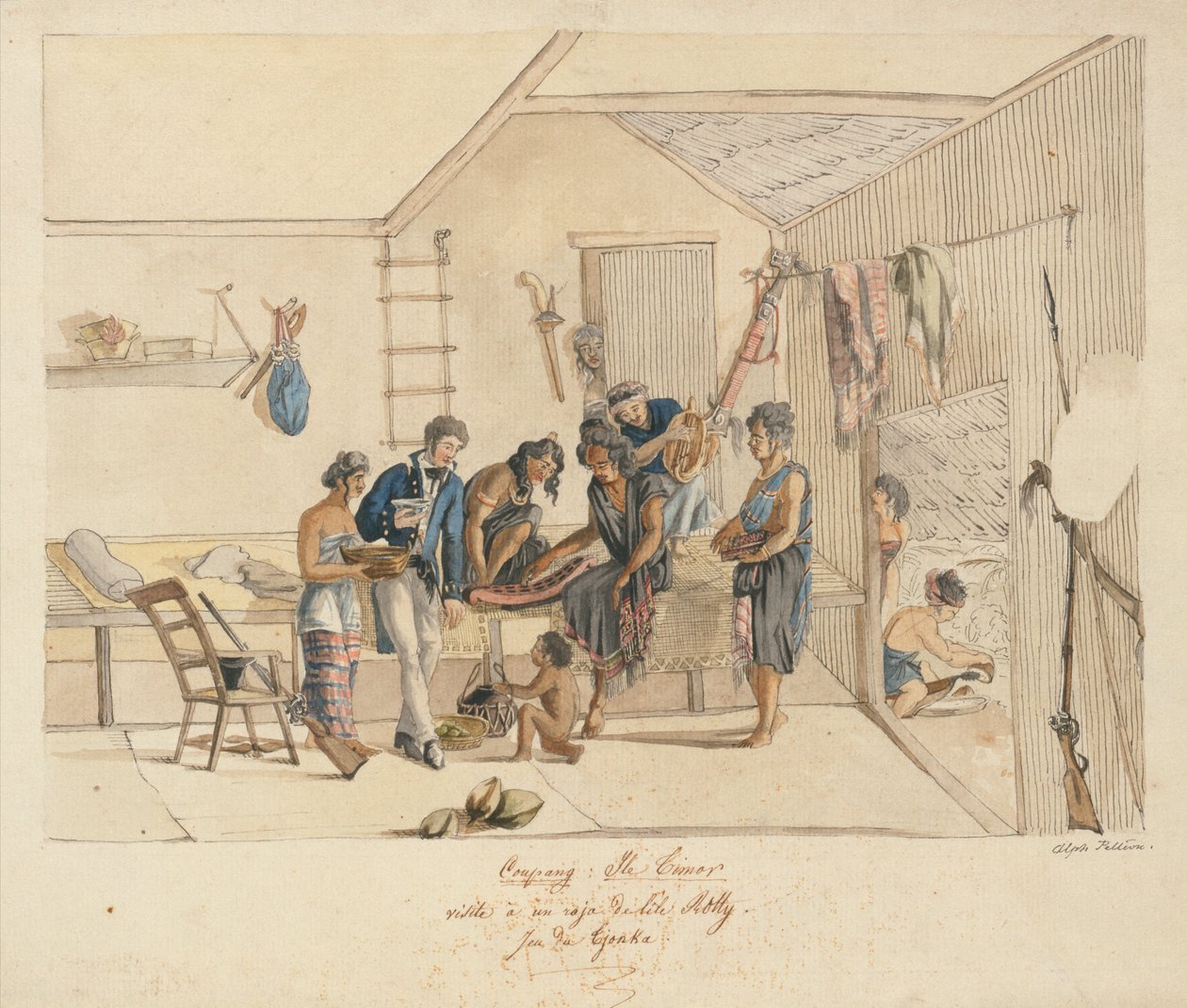 Besøg en Raja på Timor-øerne (pen, blæk og akvarel på papir) af Alphonse Pellion