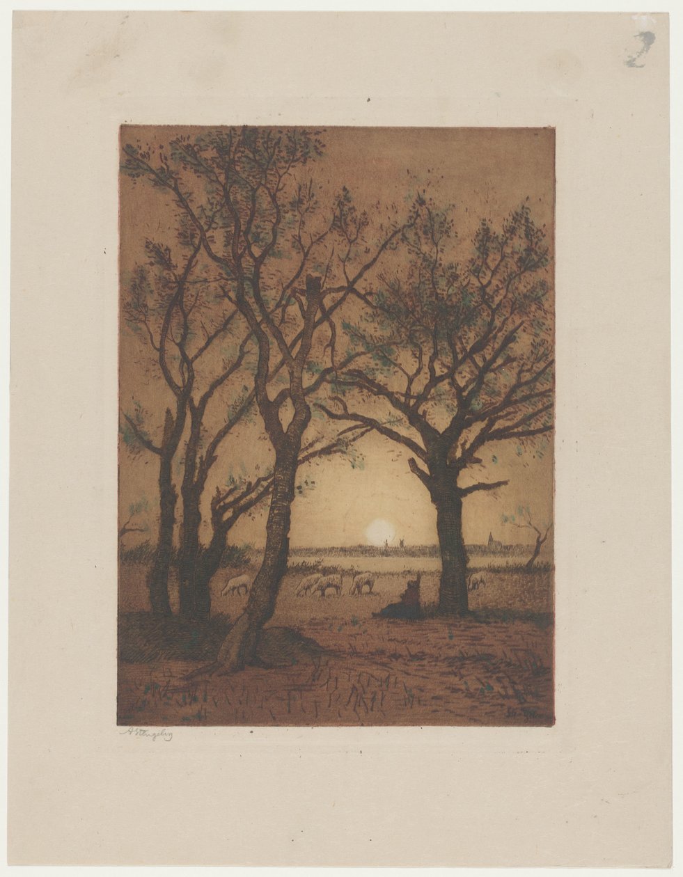 Landskab med får ved solnedgang Aftenlandskab med får i Drenthe af Alphonse Stengelin (signed by artist)
