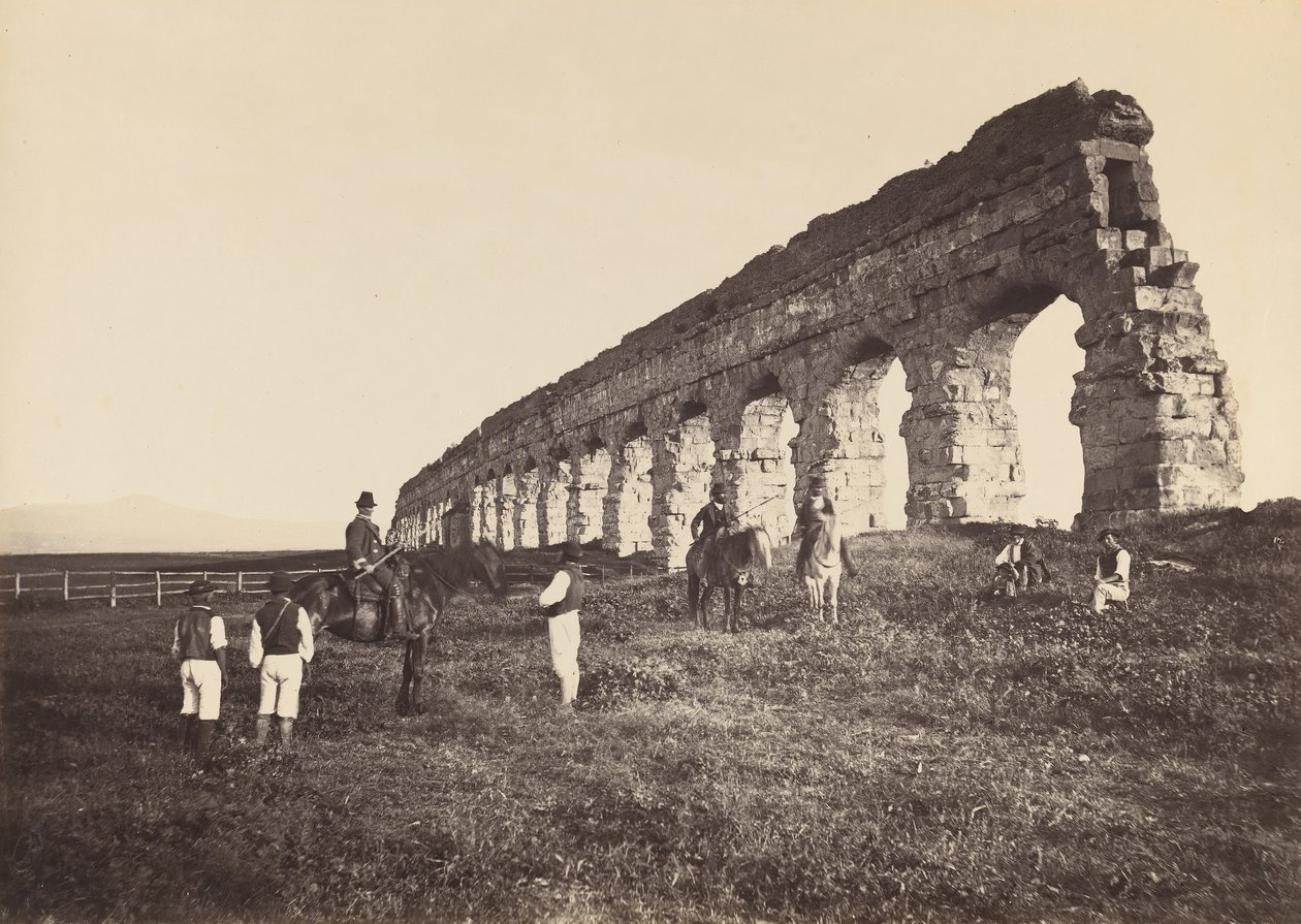 [Mænd til hest ved romersk akvædukt], 1860