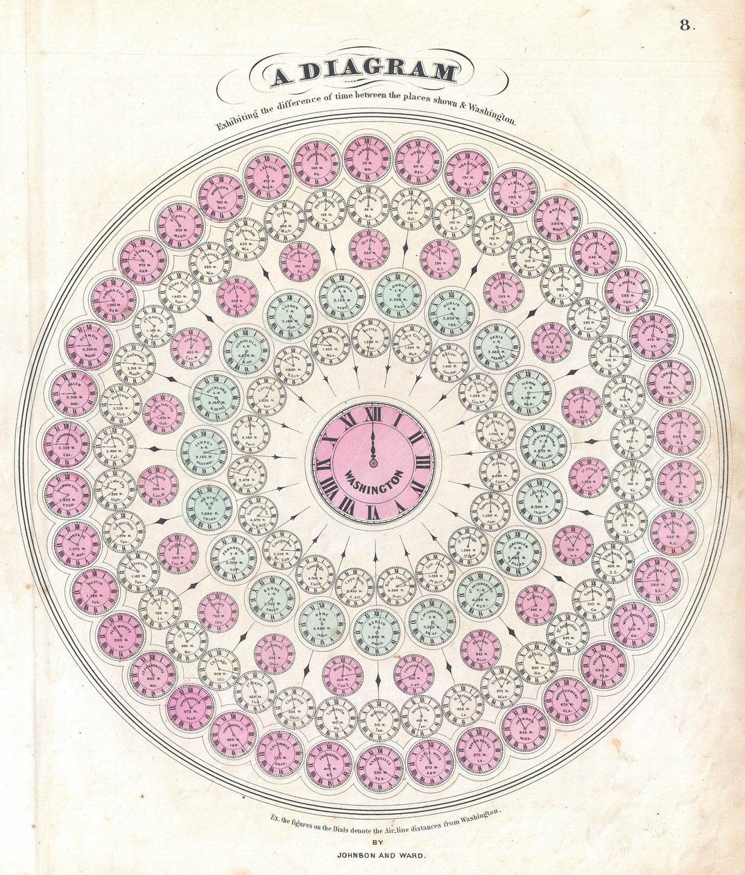 Et diagram, der viser forskellen i tid mellem de viste steder og Washington af Alvin Jewett Johnson