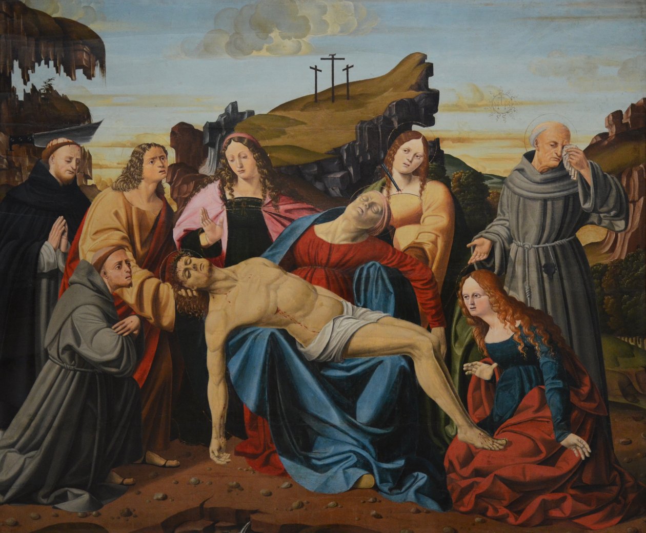 Kristi klagesang med jomfruen, Saint Peter Martyr, Saint Francis, Saint John the Evangelist, Saint Mary the Egyptian og Saint Agatha af Alvise Donati
