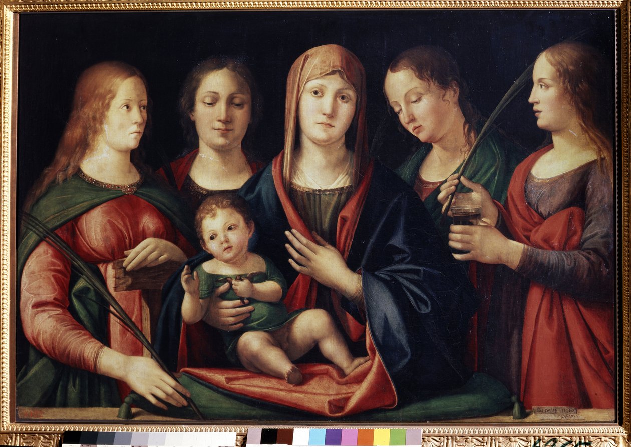 Jomfruen og barnet med Marie Madeleine Sainte Catherine og to helgener (Madonna og barnet med Maria Magdalena, Saint Catherine og to helgener). Maleri af Alvise Vivarini (cirka 1446-cirka 1505). Olie på lærred, 89 x 129 cm af Alvise Vivarini