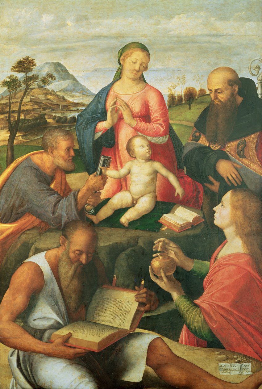 Madonna og barn med SS. Peter, Hieronymus og Maria Magdalene med en biskop, 1500 af Alvise Vivarini