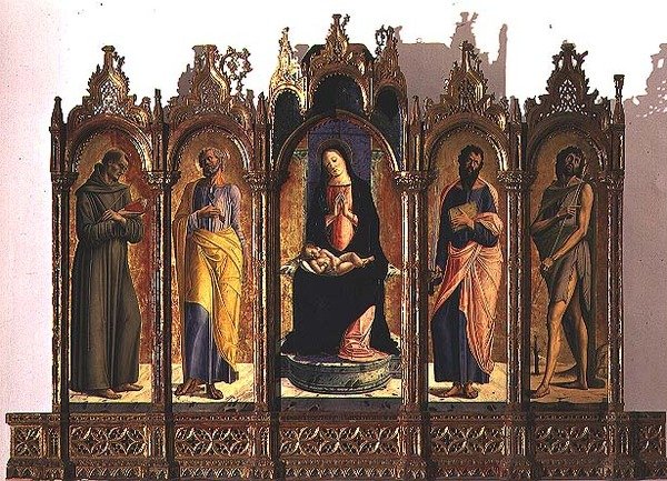Polyptykon, der forestiller (i midten) Madonna og barn på tronen; St. Dominic og St. Peter (venstre paneler); St. Paul og St. Johannes Døberen (højre paneler) af Alvise Vivarini