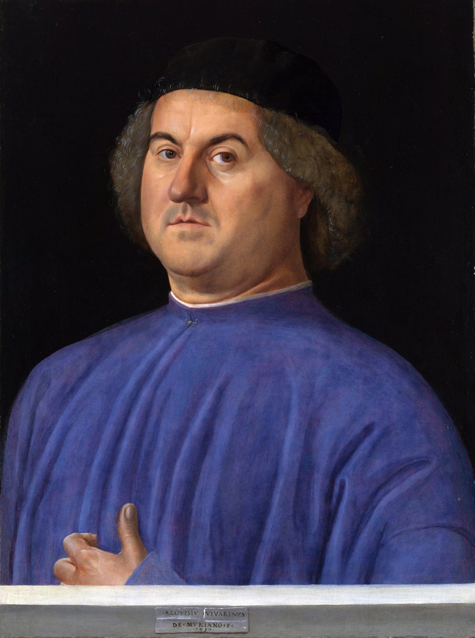 ""Portræt af en mand"" Borgerlig klædt i en blå tunika - Maleri af Alvise Vivarini (cirka 1446-cirka 1505) 1497 London National Gallery af Alvise Vivarini