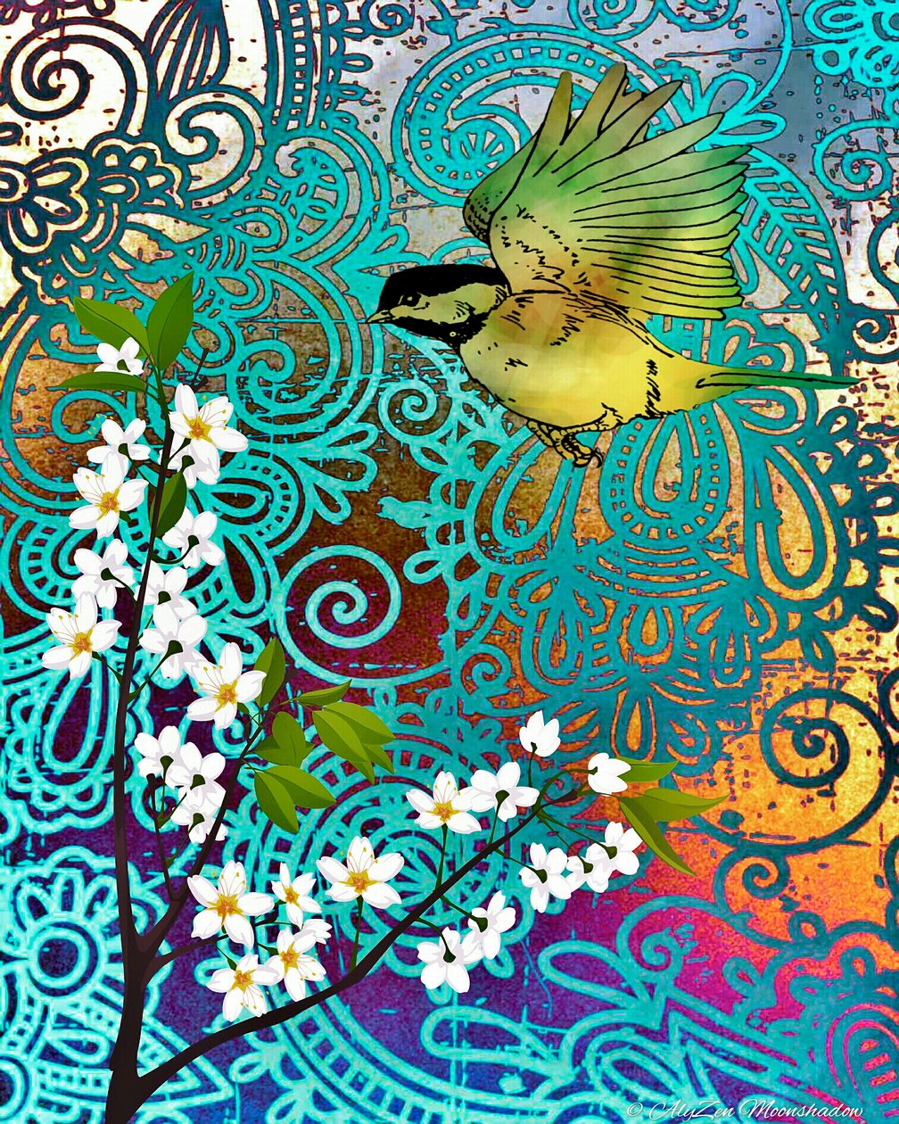 Fugl med kirsebærblomster, 2014, (digital blandet medie-fonografi) af AlyZen Moonshadow
