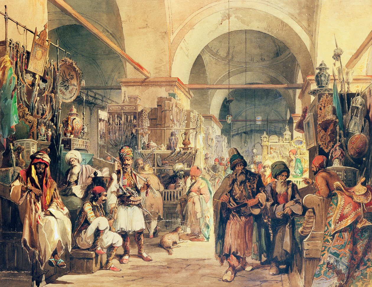 En tyrkisk basar, 1854 (blyant og wc på papir) af Amadeo Preziosi