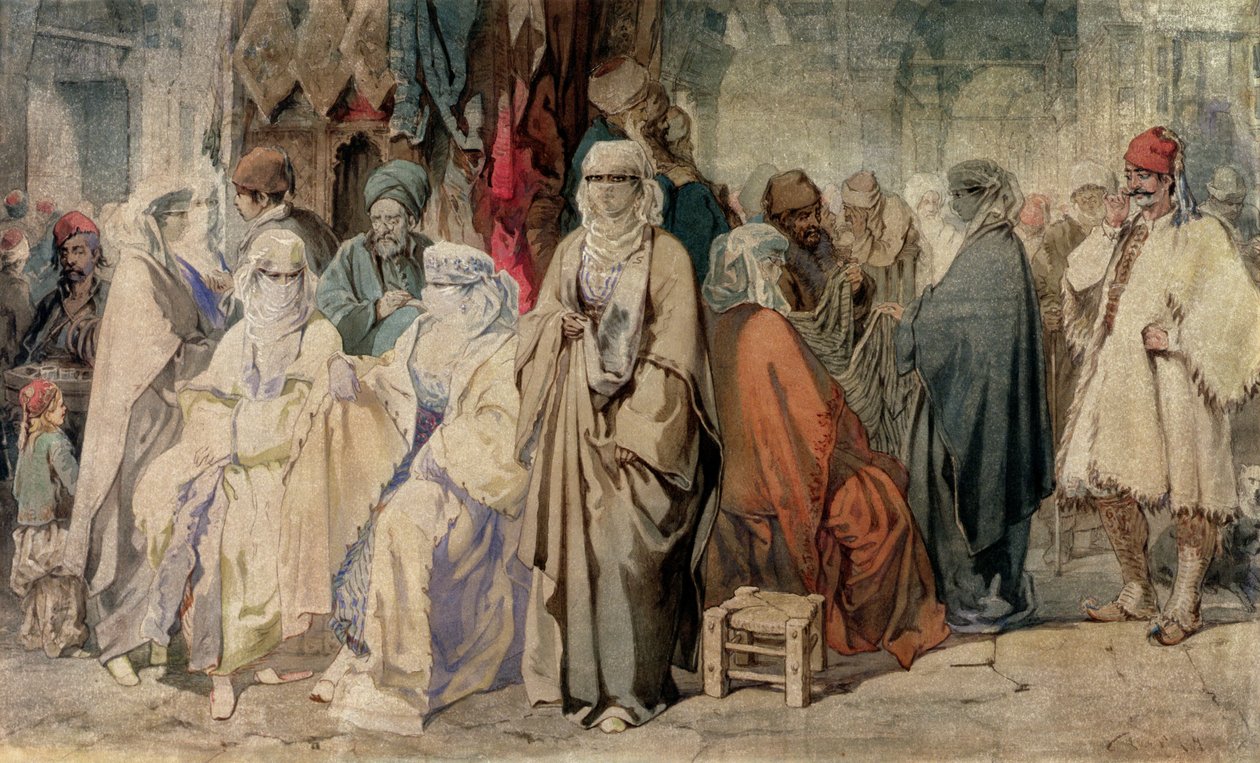 Figurer i basaren, Konstantinopel (blæk og wc på papir) af Amadeo Preziosi