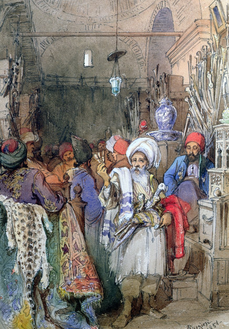 Sælgere i den overdækkede basar, Istanbul, 1851 af Amadeo Preziosi