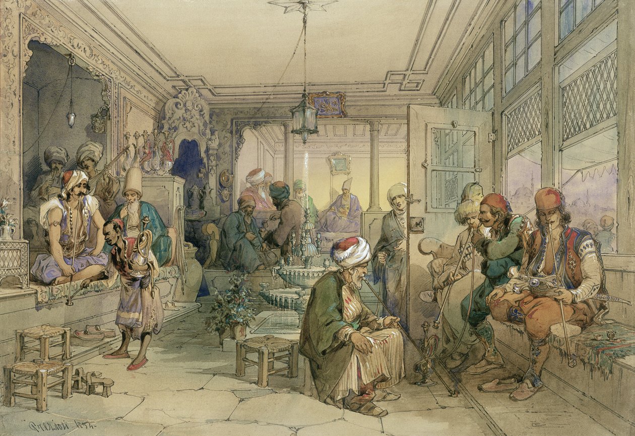 Et kaffehus, Konstantinopel, 1854 (pen og blæk og wc på papir) af Amadeo Preziosi