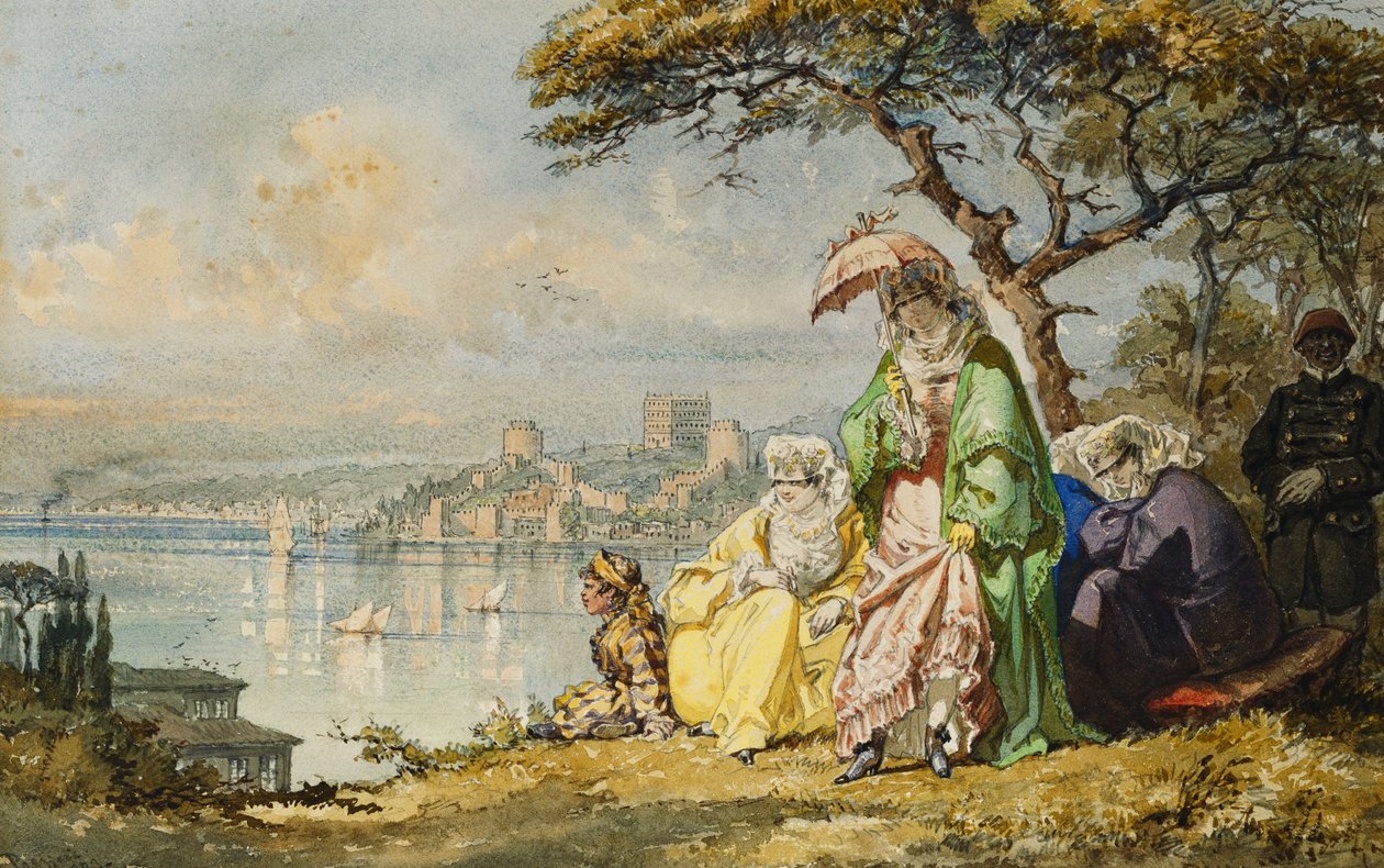 Ladies on the Bosporus med Rumeli Hisar Beyond, 1873 af Amadeo Preziosi