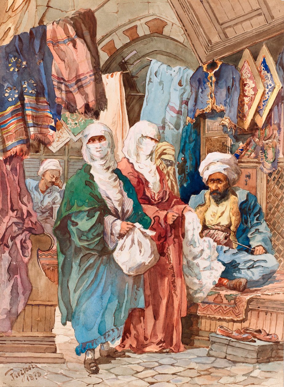 Silkebasaren (orientalsk marked, souk, silkevarer) - Silkebasaren - Af Amedeo Preziosi (1816-1882), Akvarel på papir (41x30 cm) - Pera Museum, Istanbul af Amadeo Preziosi