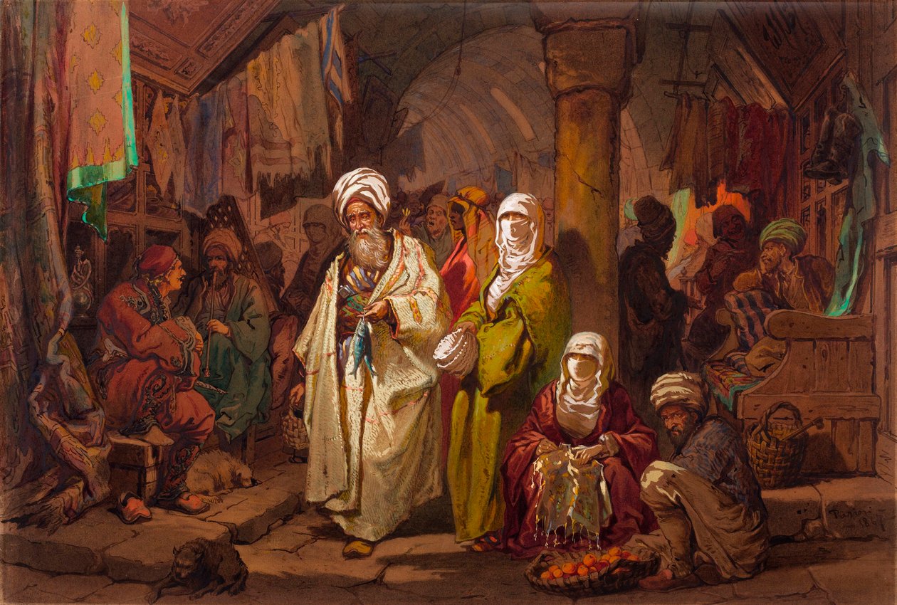 Le grand bazar (souk, marche oriental) - Den store basar - Af Amedeo Preziosi (1816-1882) Akvarel på papir (45,5x67 cm) - Pera Museum, Istanbul af Amadeo Preziosi