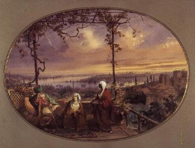 Udsigt fra terrassen til et hus i Galata, med en tyrker, hans kone og tjener kigger mod mundingen af Det Gyldne Horn og Bosporus af Amadeo Preziosi