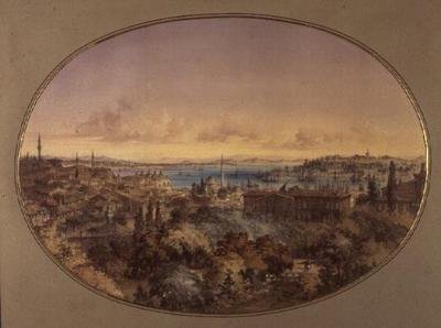 Udsigt over Konstantinopel fra Galata mod Det Gyldne Horn og Bosporus (akvarel på papir) af Amadeo Preziosi