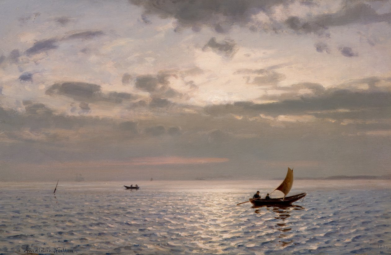 Solbeskinnet hav med både af Amaldus Nielsen