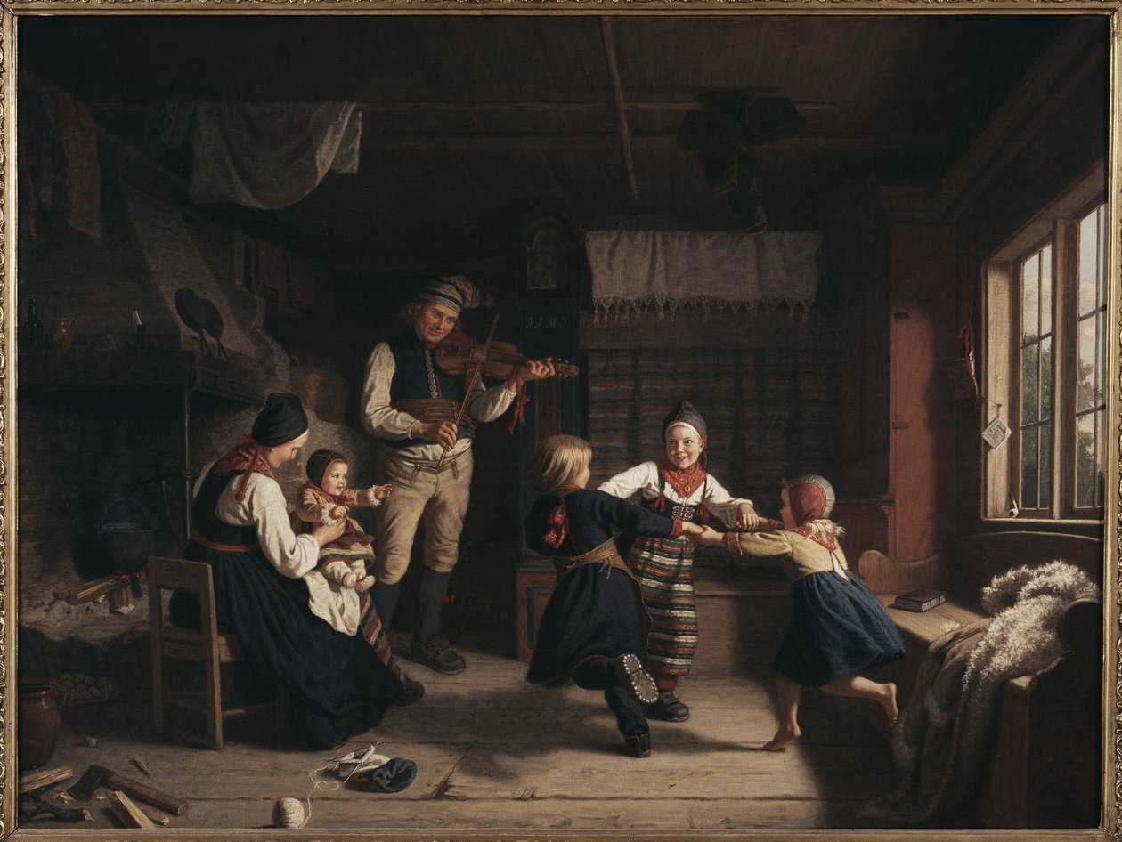Søndag aften i et bondehus i Dalarna - søndag aften i et bondehus i Dalarna, af Lindegren, Amalia (1814-1891). olie på lærred af Amalia Lindegren